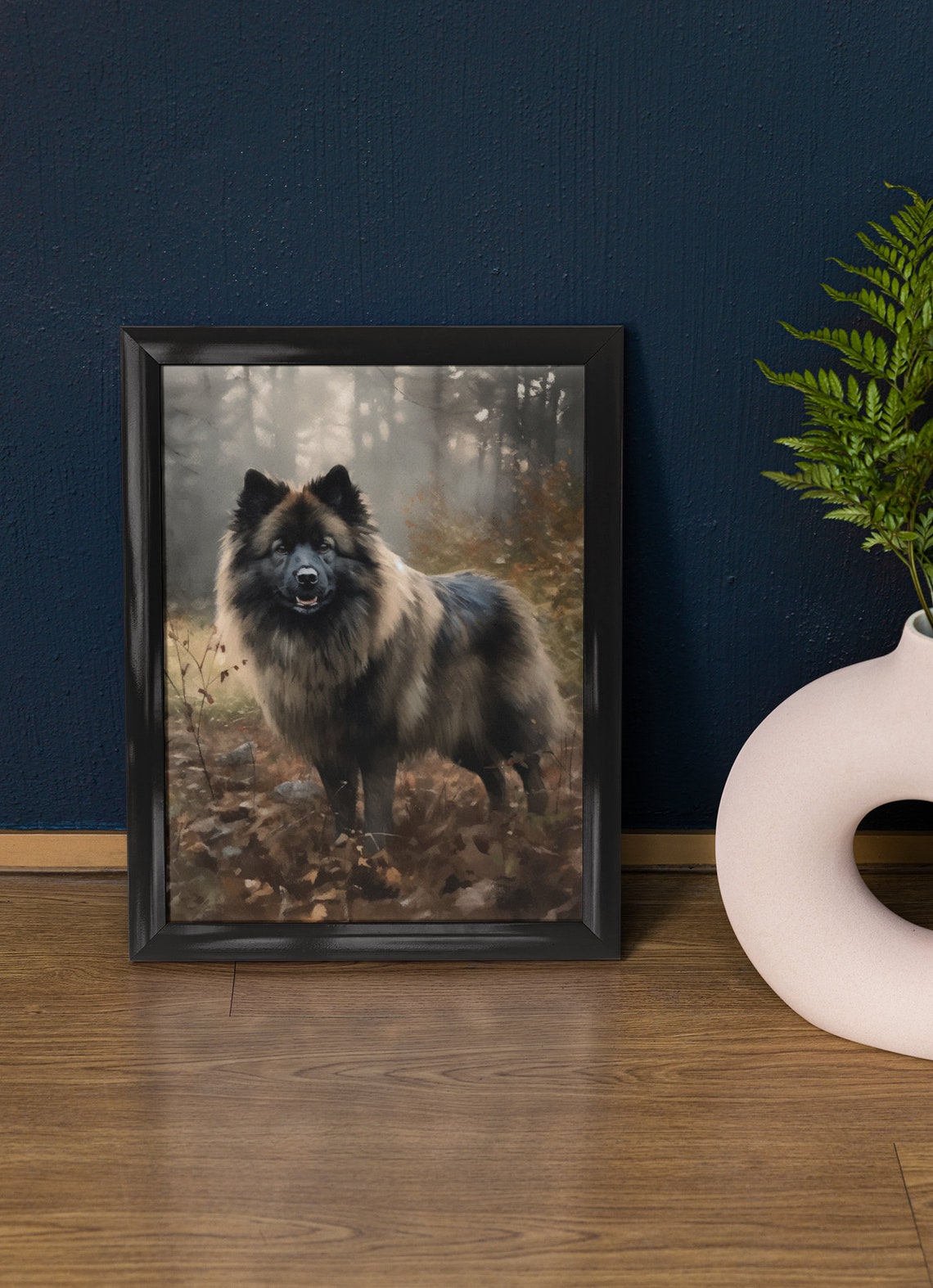 Keeshond Standing In Misty Forest Fluffy Coat Watercolor Dog Poster