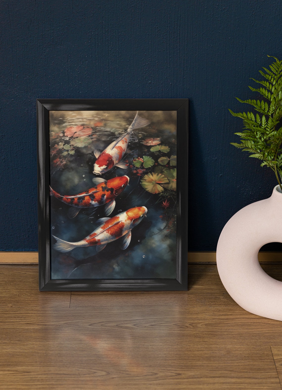 Three Vibrant Colorful Koi Fish in Tranquil Pond Painting Art Print
