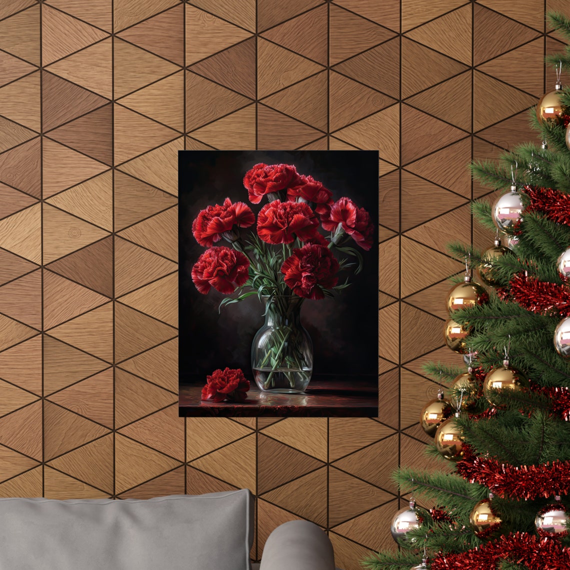 Red Carnation Bouquet Glass Vase Deep Shadowed Floral Art Poster - Image 3
