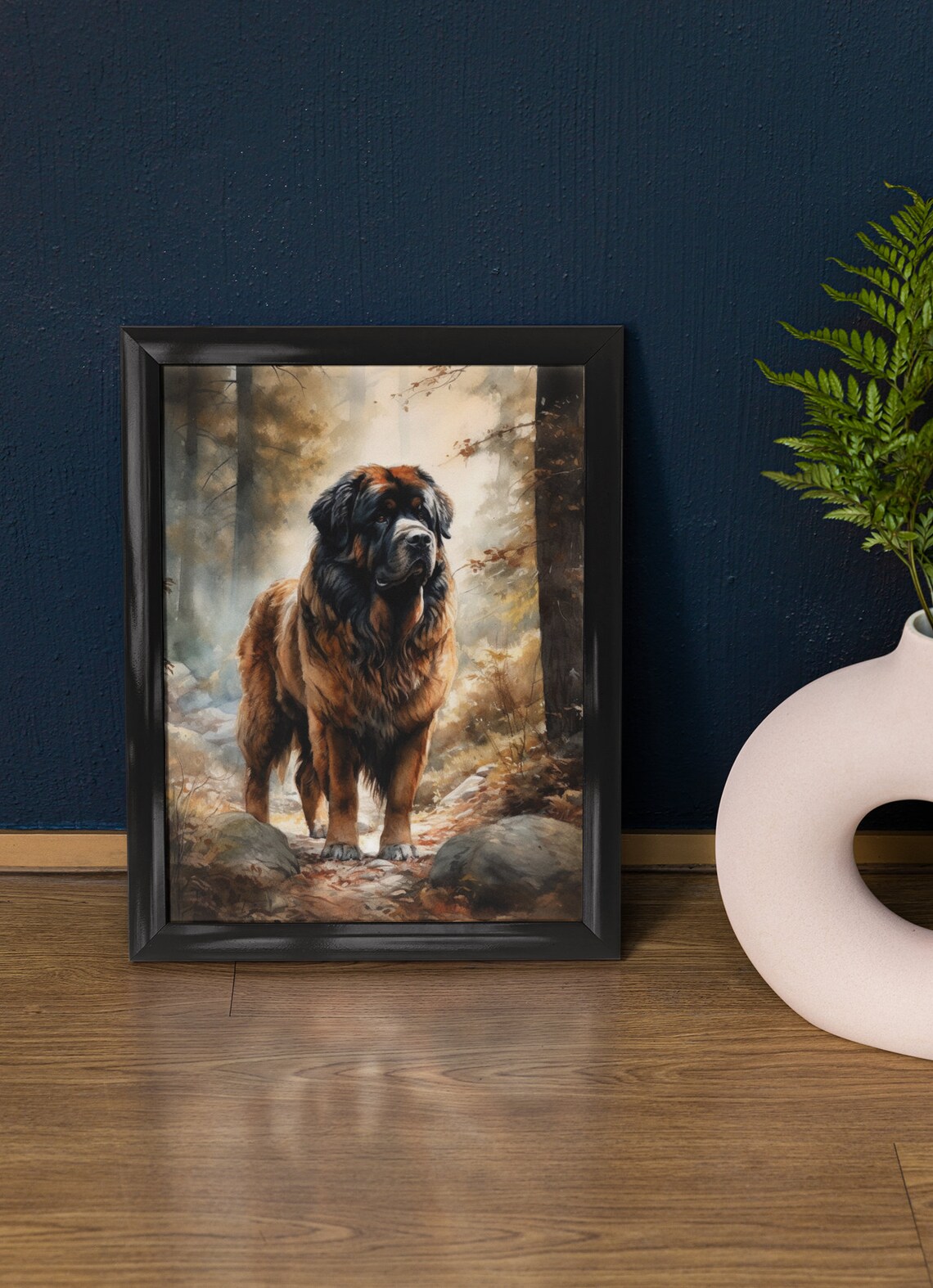 Tibetan Mastiff Standing in Misty Forest Watercolor Dog Art Print