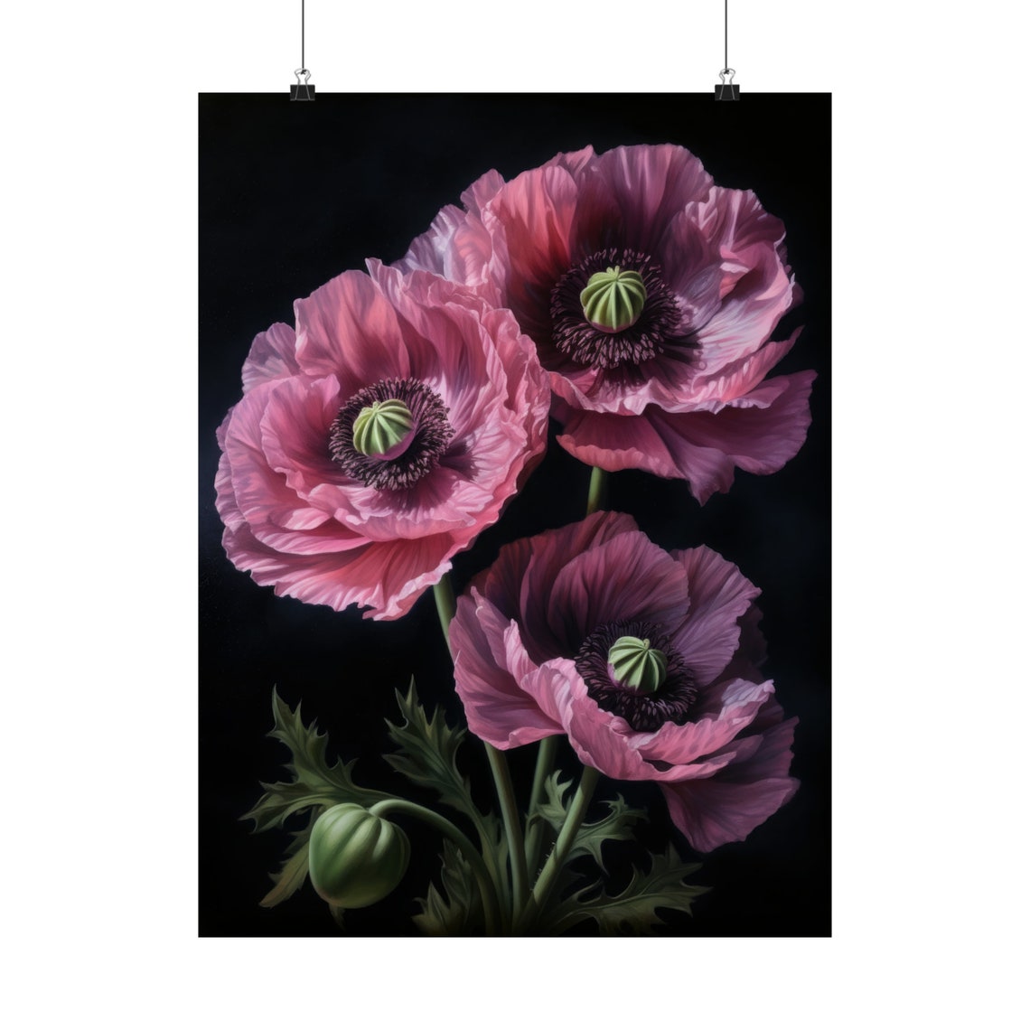 Oriental Poppy Pink Magenta Trio Dark Dramatic Floral Painting Poster - Image 5