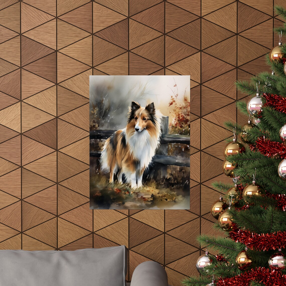 Shetland Sheepdog Dog Watercolor Portrait Autumn Fence Scene Poster - Image 3