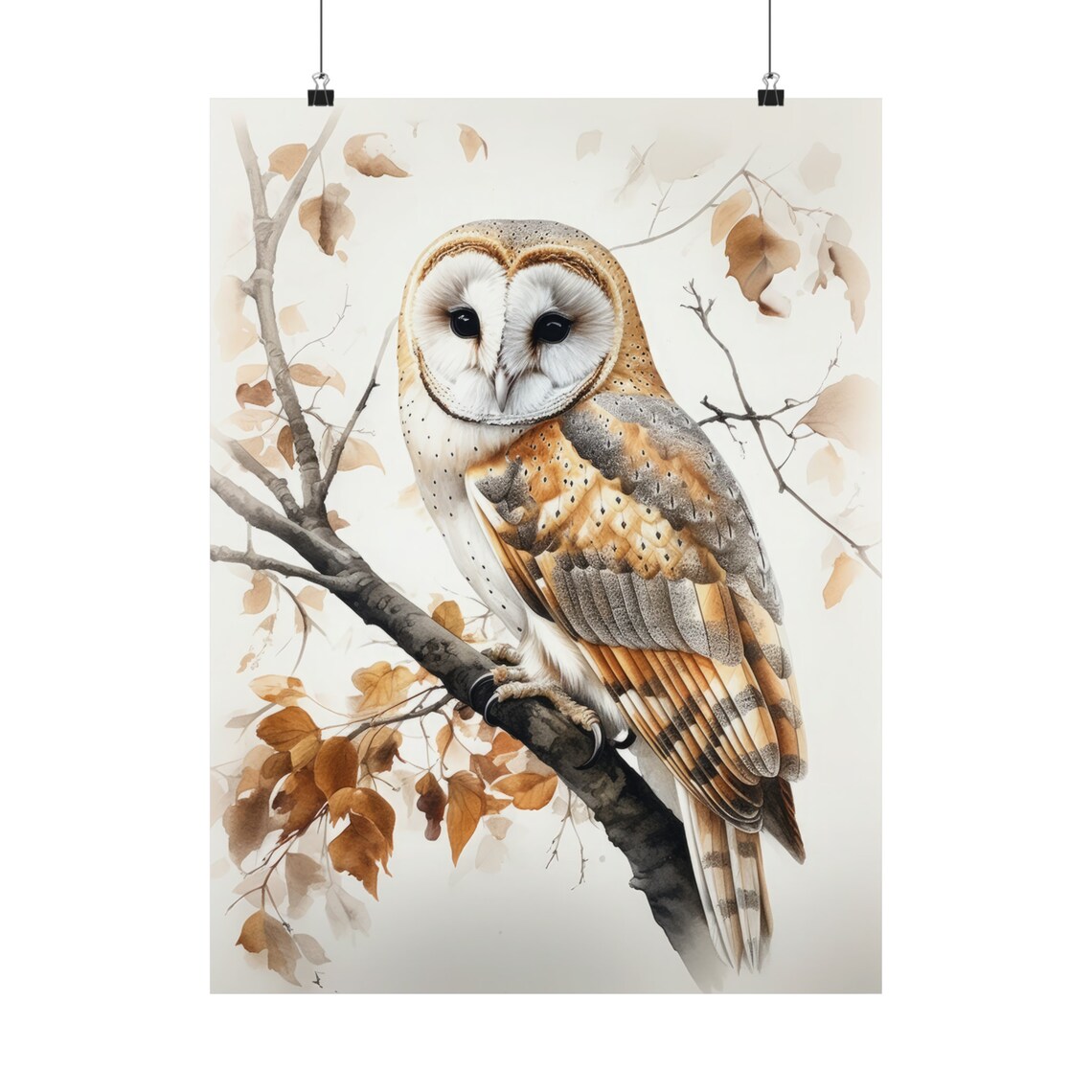 Barn Owl Watercolor Branch Autumn Leaves Bird Painting Wall Art - Image 5