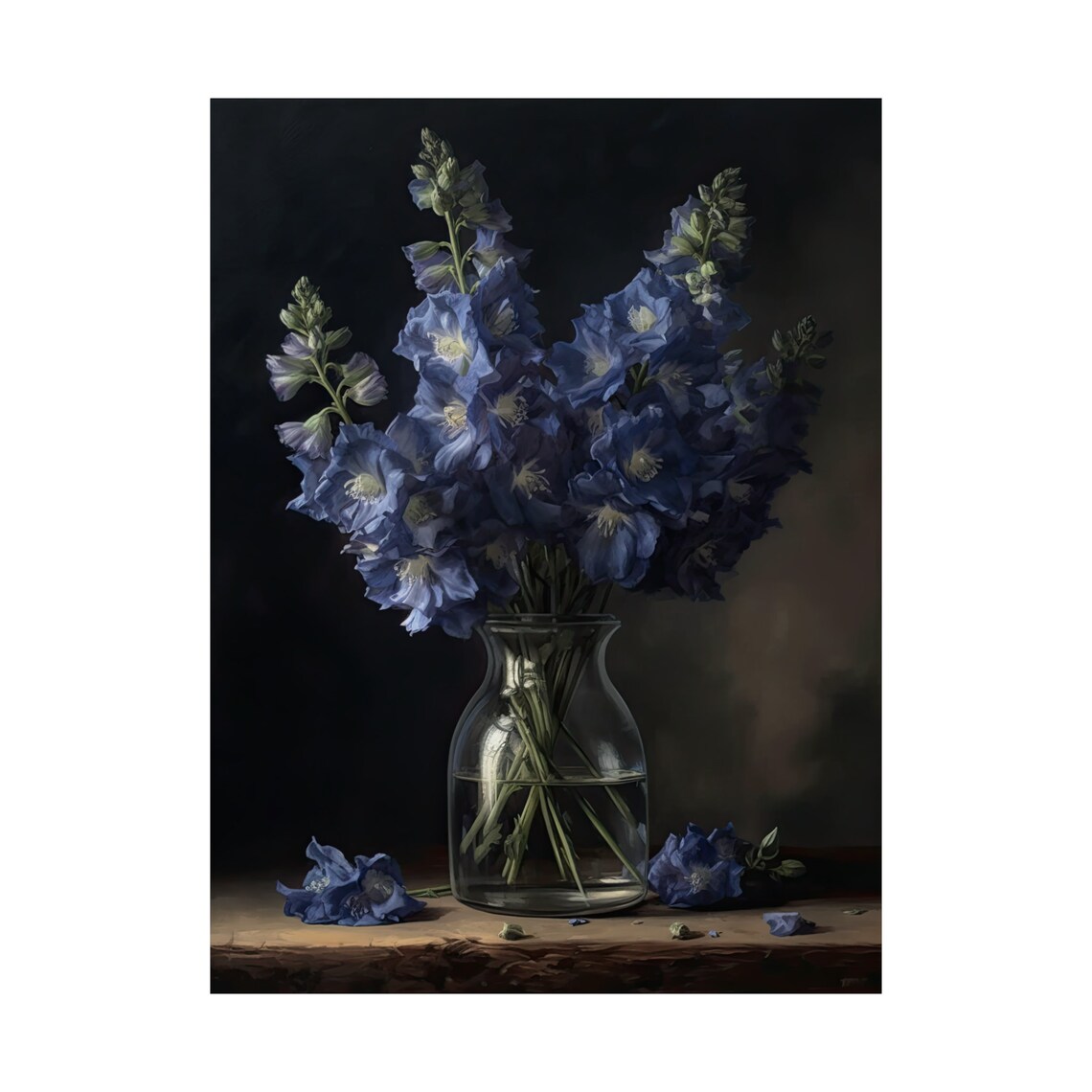 Blue Delphinium Tall Spikes Glass Vase Dark Still Life Poster - Image 4