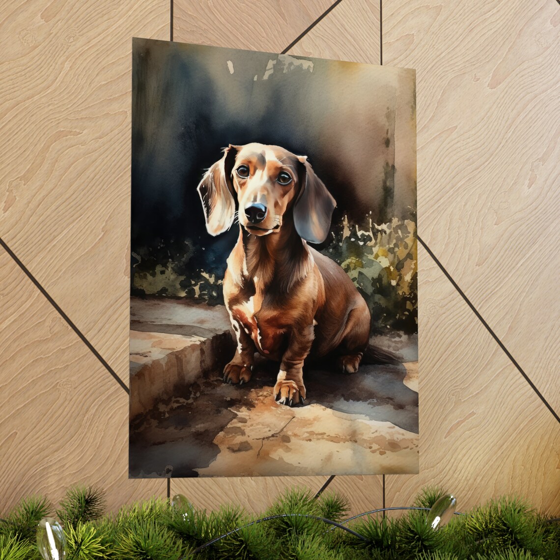 Dachshund Dog Red Watercolor Portrait Sitting on Stone Poster - Image 2
