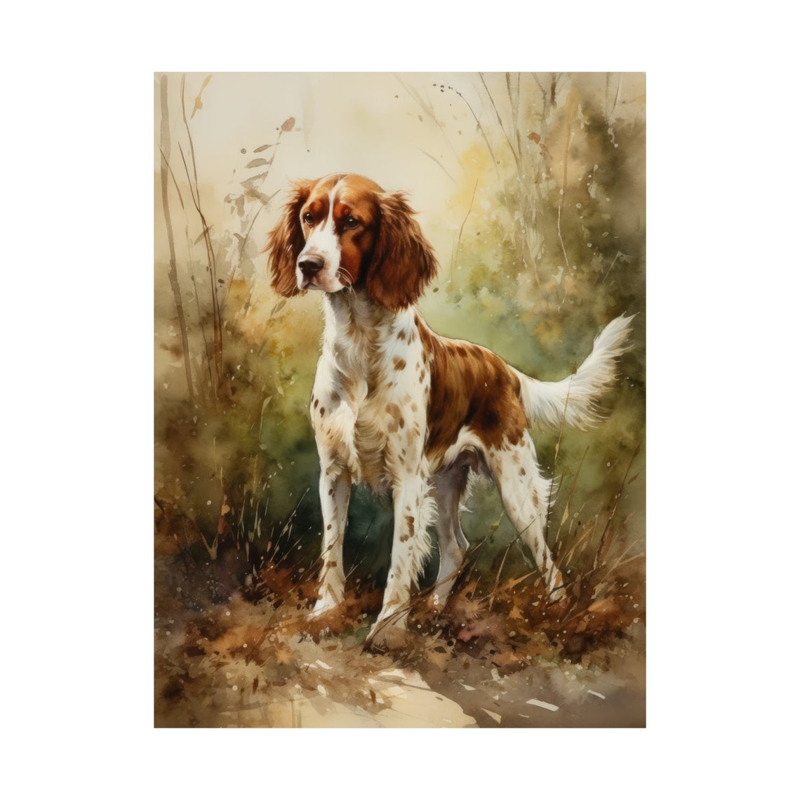 Welsh Springer Spaniel Standing in Meadow Watercolor Dog Art Print - Image 4