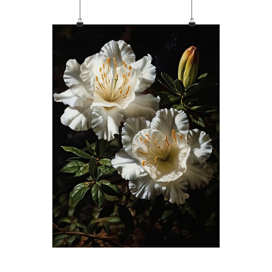 White Azalea Large Blooms Orange Stamens Dark Painterly Floral Poster - Image 5