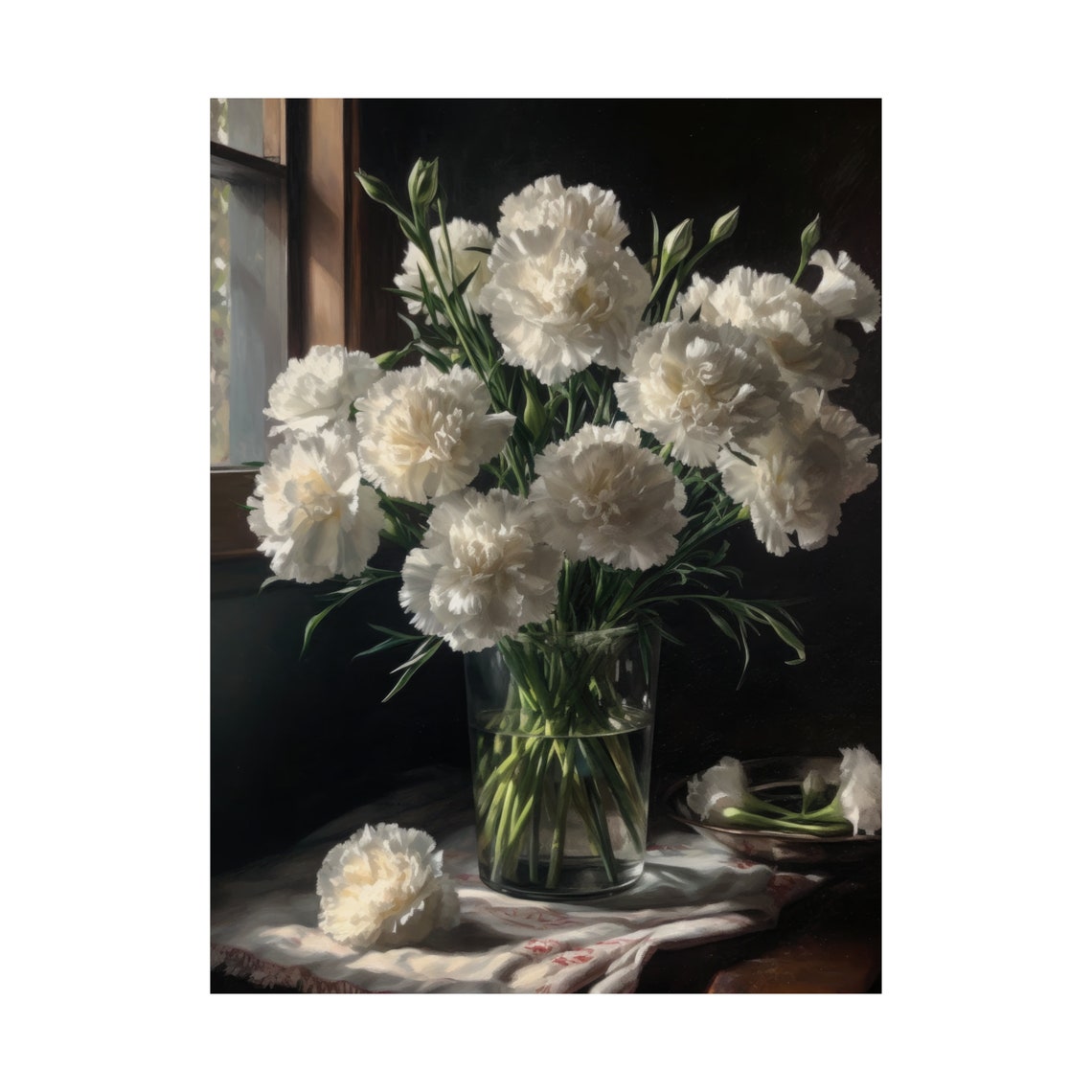 White Carnation Bouquet Window Light Soft Classic Floral Art Poster - Image 4