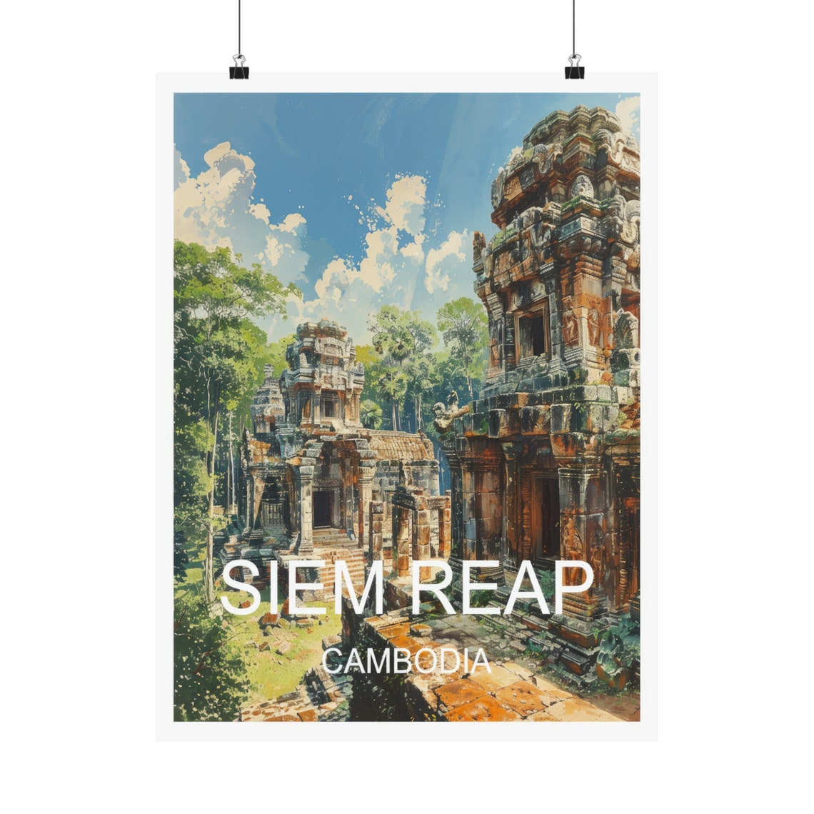 Siem Reap Cambodia Ancient Khmer Temple Towers Jungle Painting Poster - Image 5