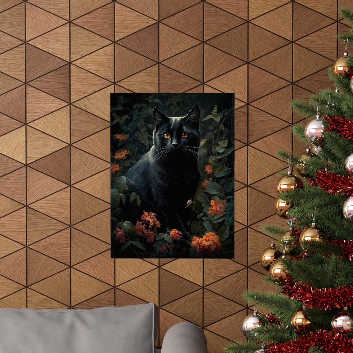 Black Cat With Amber Eyes Among Dark Garden Blooms Gothic Art Poster - Image 3