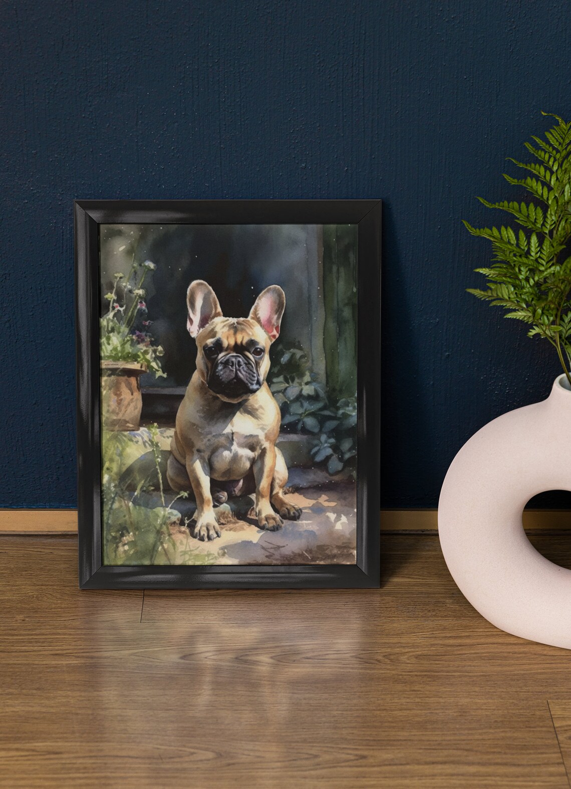French Bulldog Fawn Garden Steps Portrait Watercolor Dog Poster