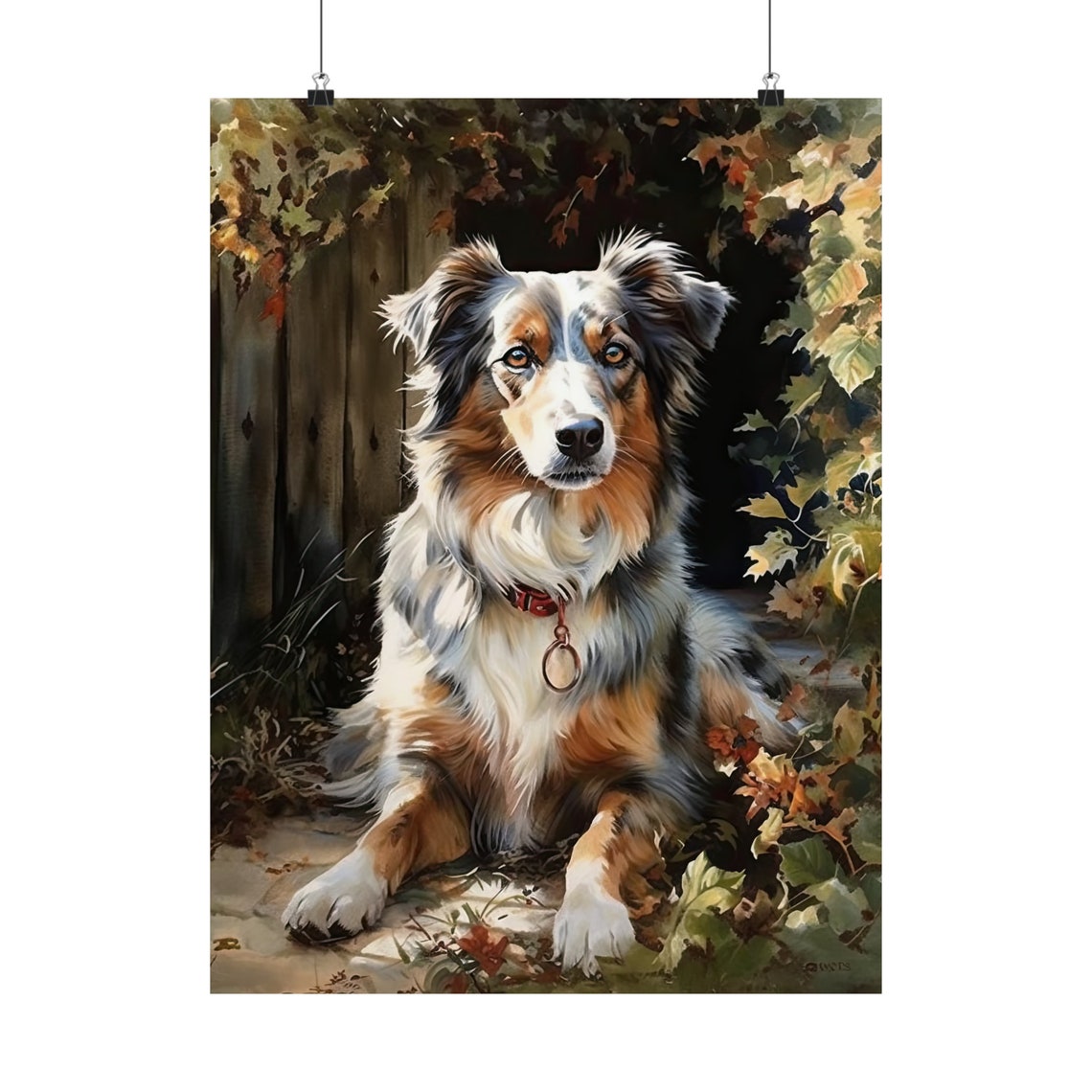 Australian Shepherd Dog Resting In Autumn Ivy Red Collar Art Print - Image 5