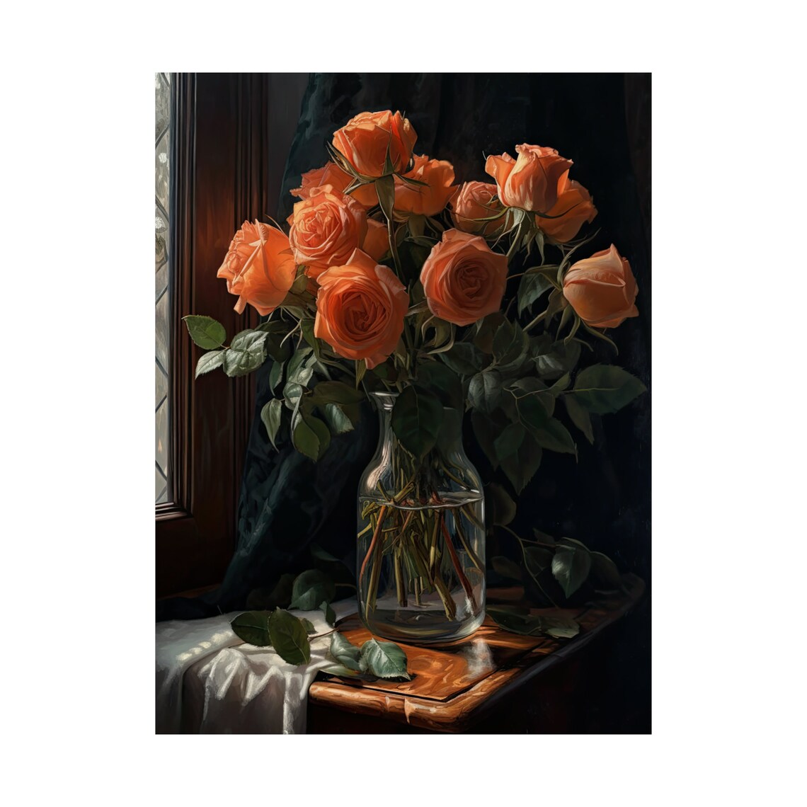 Orange Rose Bouquet Fiery Warm Blooms Dark Still Life Art Poster - Image 4