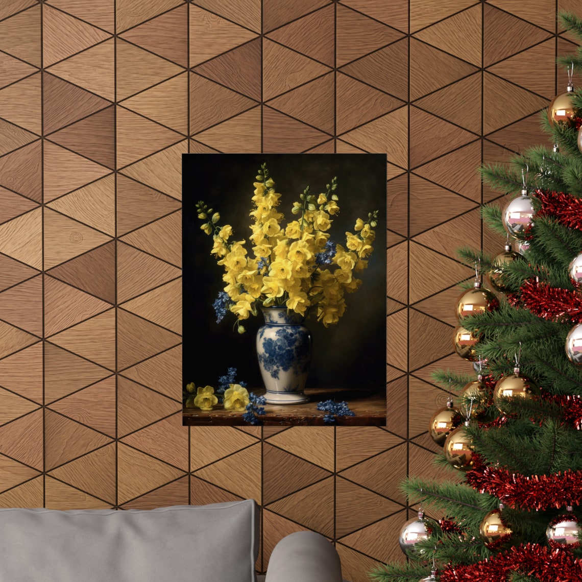 Yellow Delphinium Bouquet Blue Porcelain Vase Dark Still Life Poster - Image 3