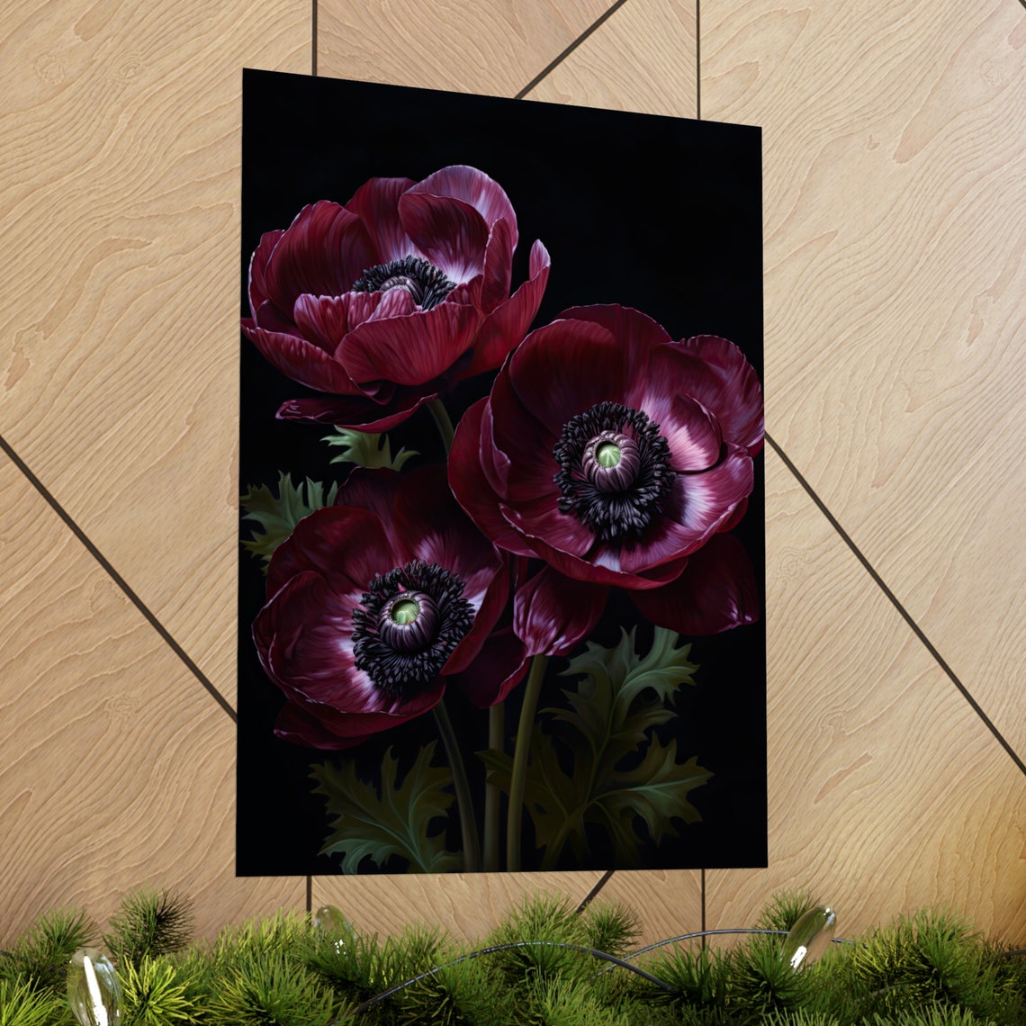 Burgundy Anemone Blooms Dark Moody Botanical Floral Art Poster - Image 2