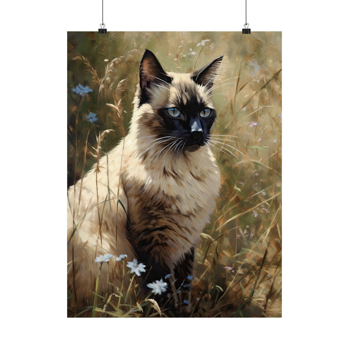 Balinese Seal Point Cat Blue Eyes Meadow Wildflowers Portrait Poster - Image 5