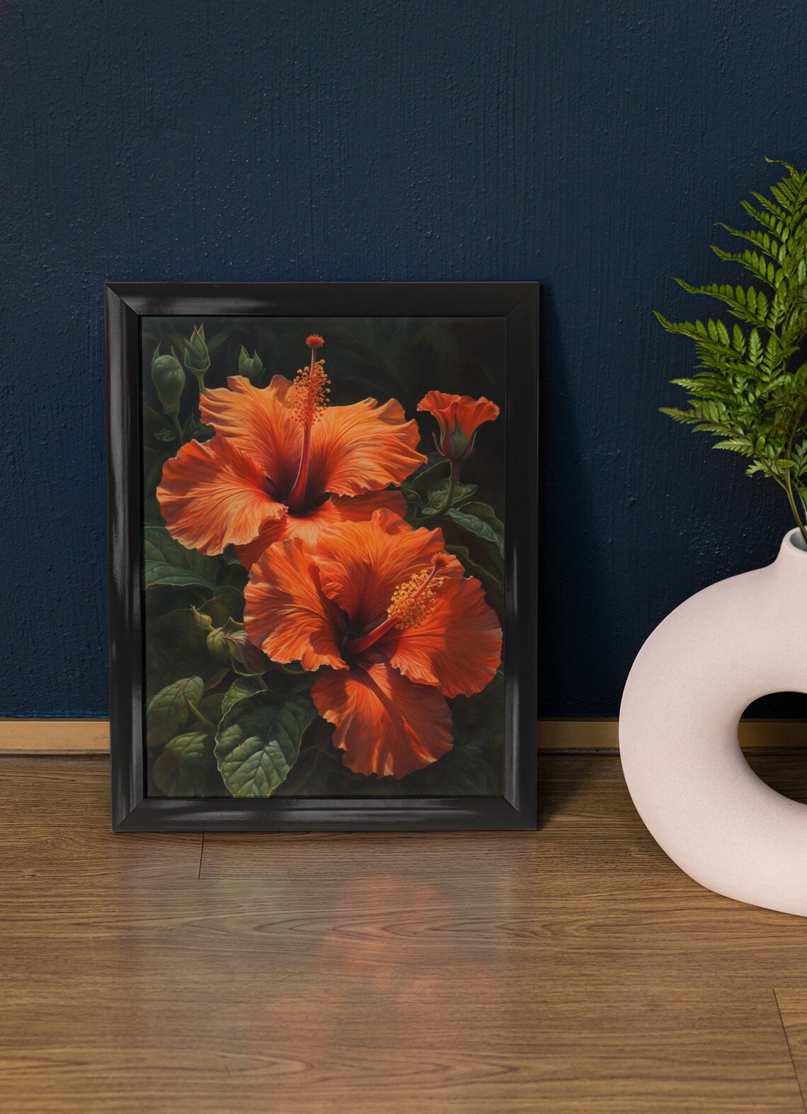 Orange Hibiscus Blooms Dark Tropical Floral Botanical Art Print