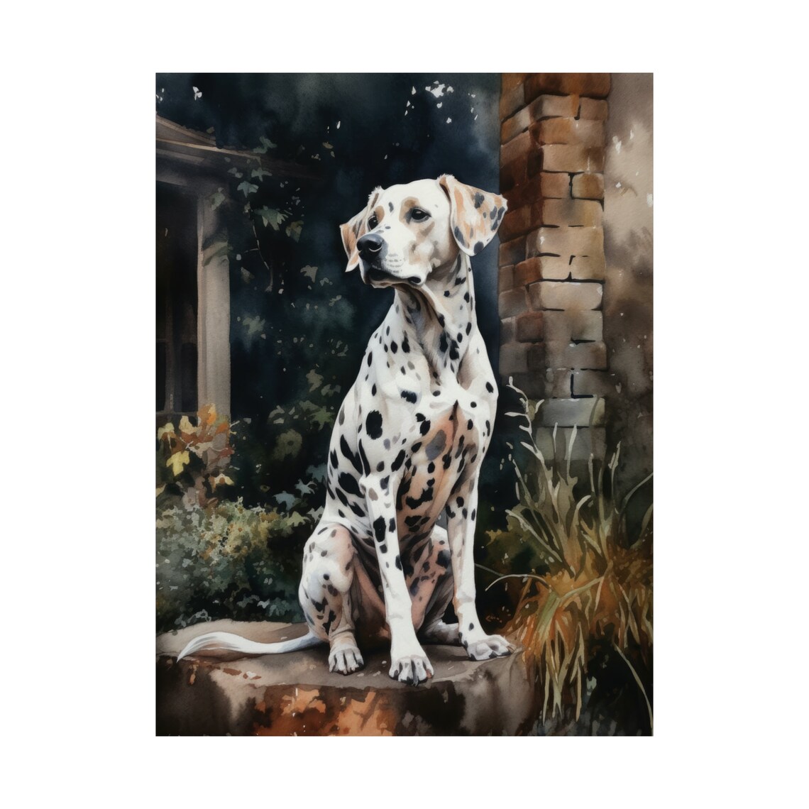 Dalmatian Sitting By Old Brick Wall Moody Watercolor Dog Art Poster - Image 4