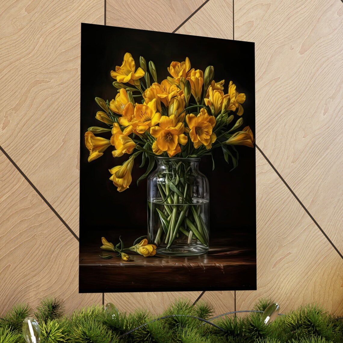 Sunny Yellow Freesia Bouquet Glass Vase Dark Moody Still Life Poster - Image 2