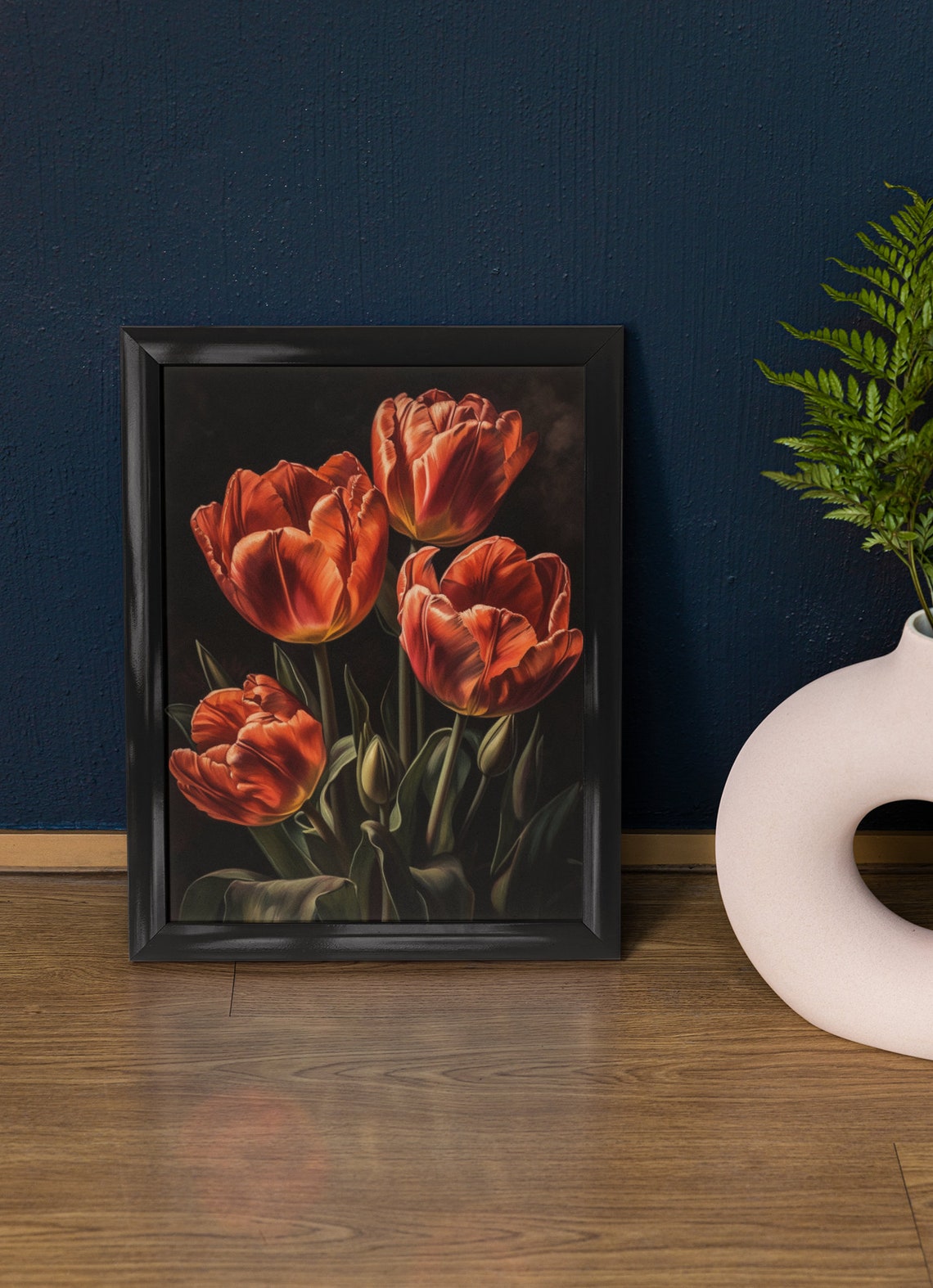 Bold Orange Red Tulips Dark Moody Oil Painting Floral Wall Art