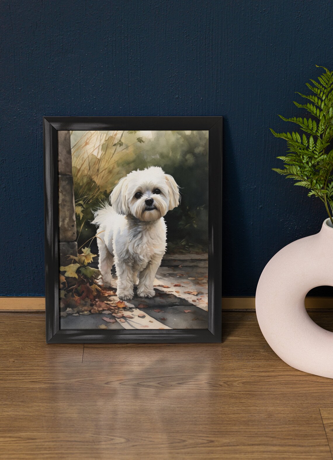 Maltese Dog White Fluffy Watercolor Portrait Garden Path Poster
