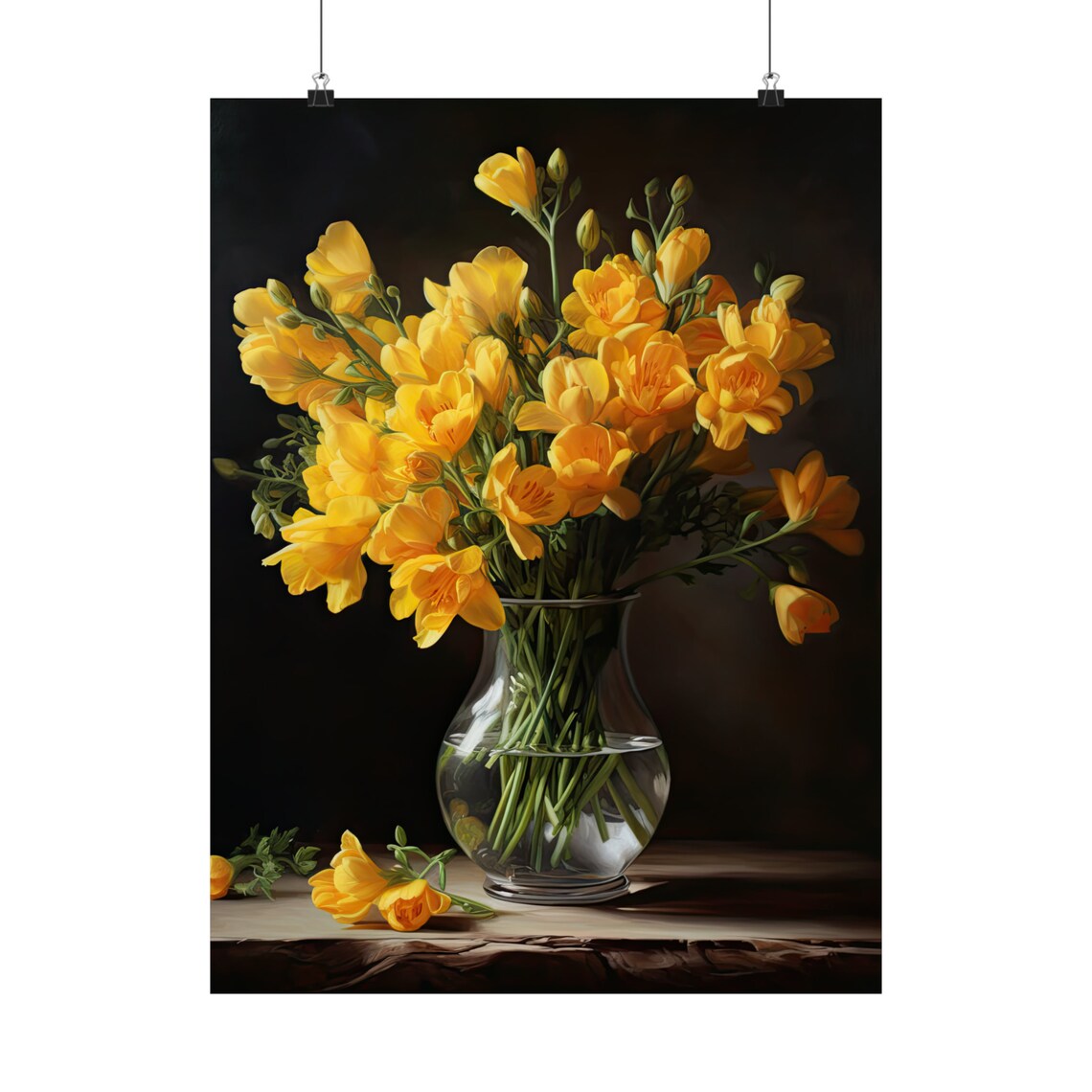 Golden Yellow Freesia Bouquet Glass Vase Dark Still Life Poster - Image 5