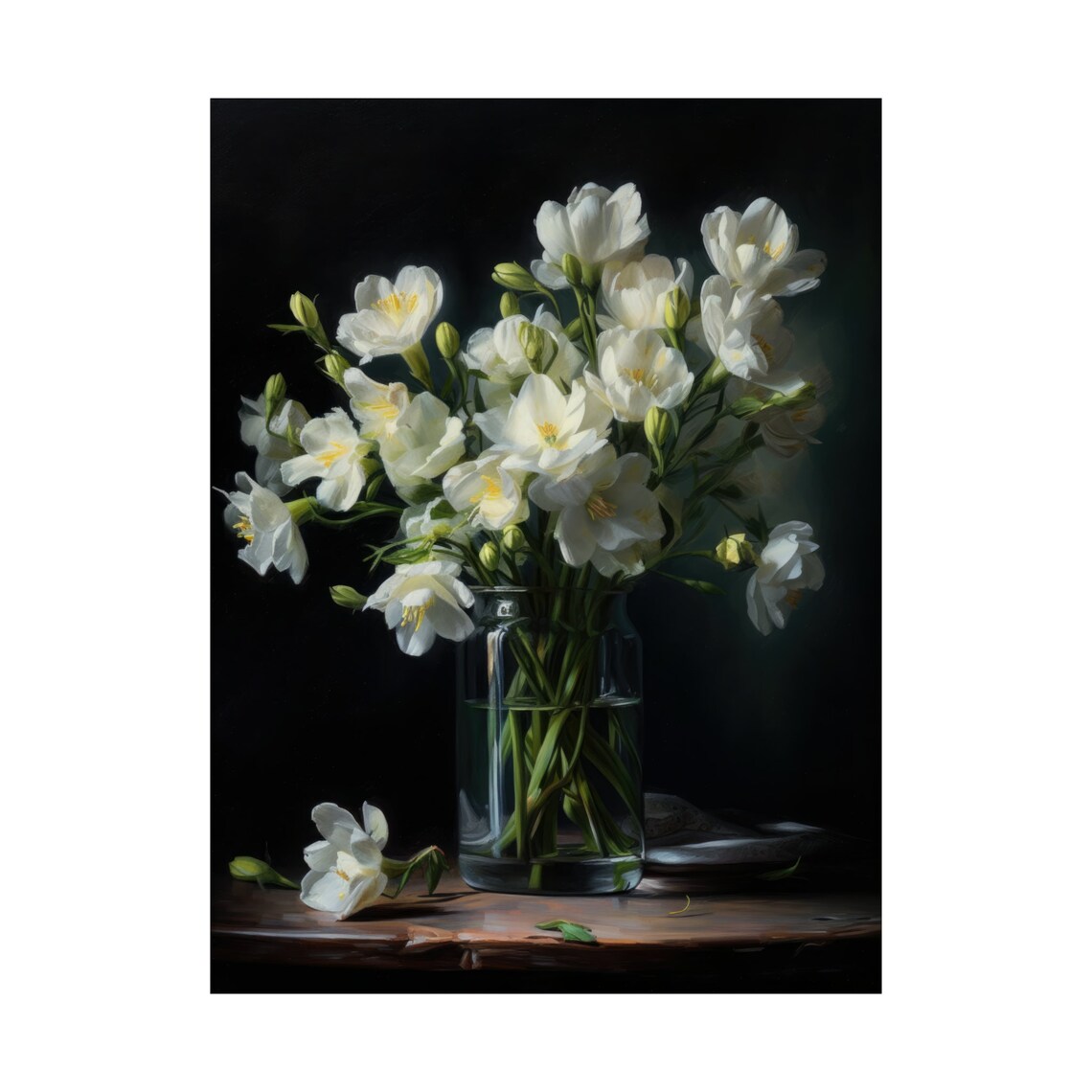 White Freesia Bouquet Glass Vase Dark Moody Still Life Poster - Image 4