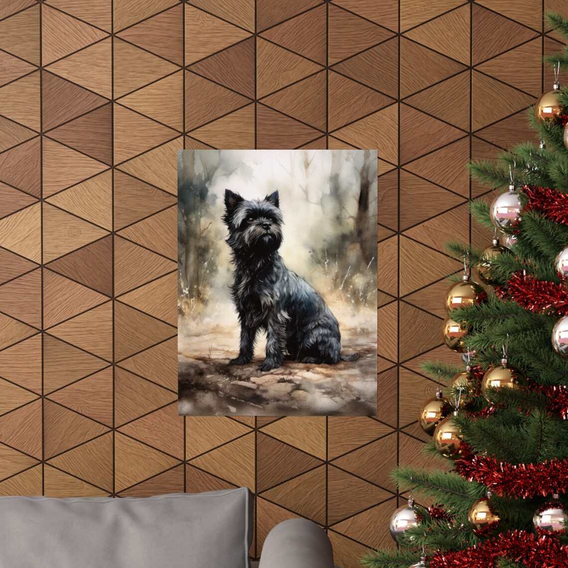 Affenpinscher Dog Watercolor Portrait Sitting In Misty Woodland Poster - Image 3