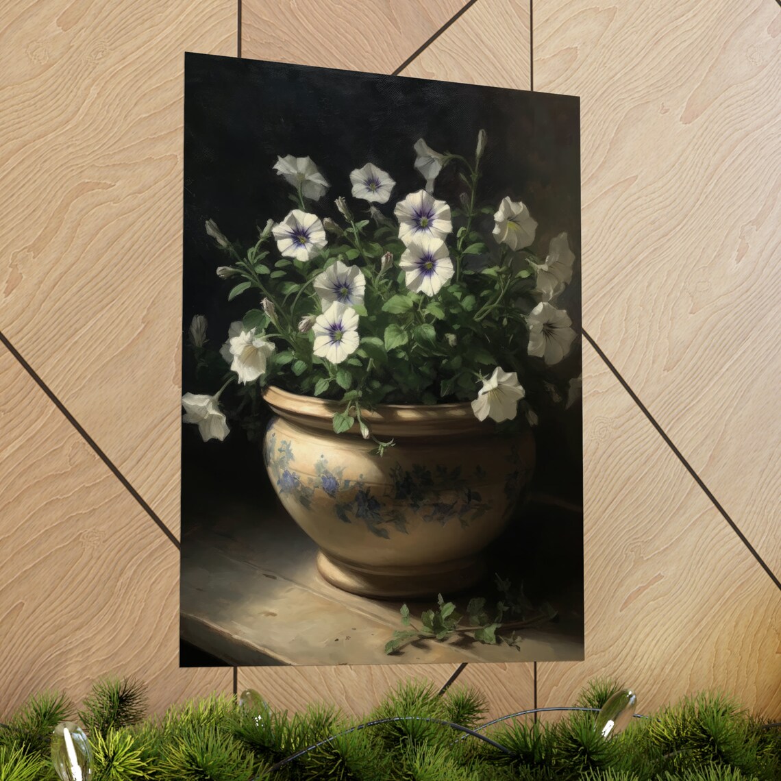White Violet Center Petunias Decorative Pot Dark Moody Floral Poster - Image 2