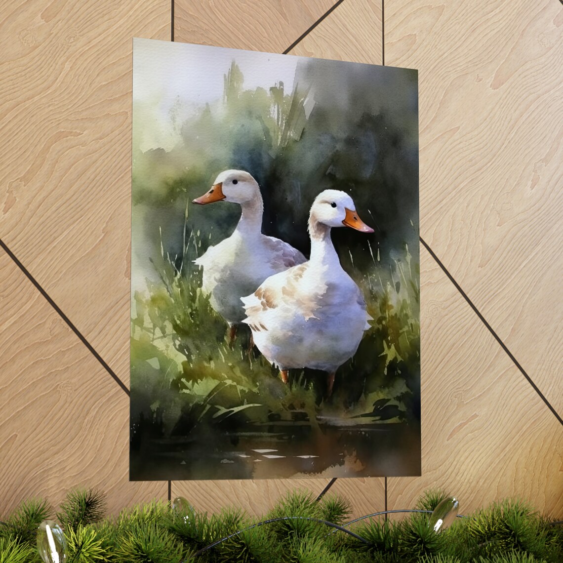 Two White Ducks Stream Bank Watercolor Peaceful Farm Art Wall Print - Image 2