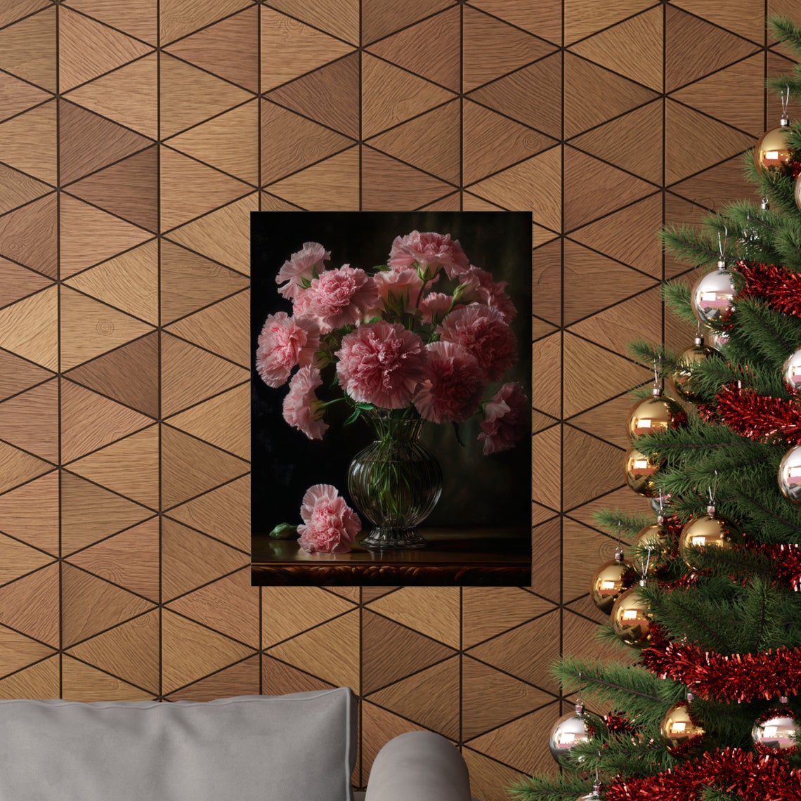Pink Carnations Ribbed Glass Vase Moody Evening Floral Art Poster - Image 3