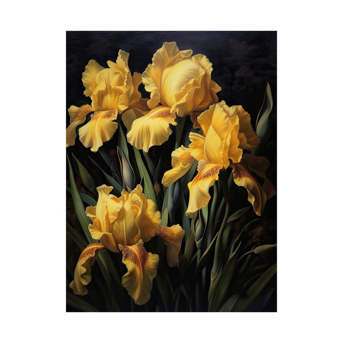 Golden Yellow Iris Blooms Elegant Dark Floral Botanical Art Print - Image 4