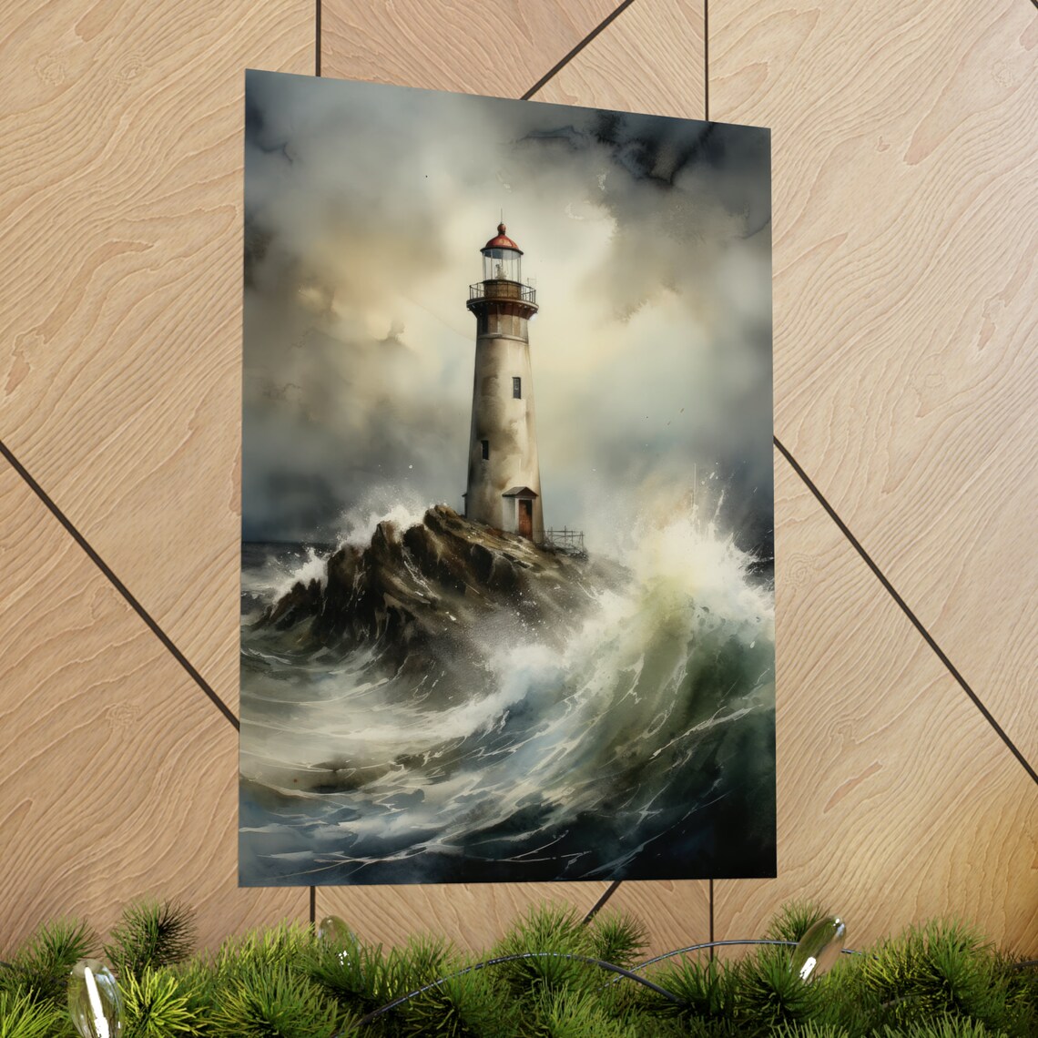 Weathered Lighthouse Rocky Island Storm Waves Watercolor Poster - Image 2