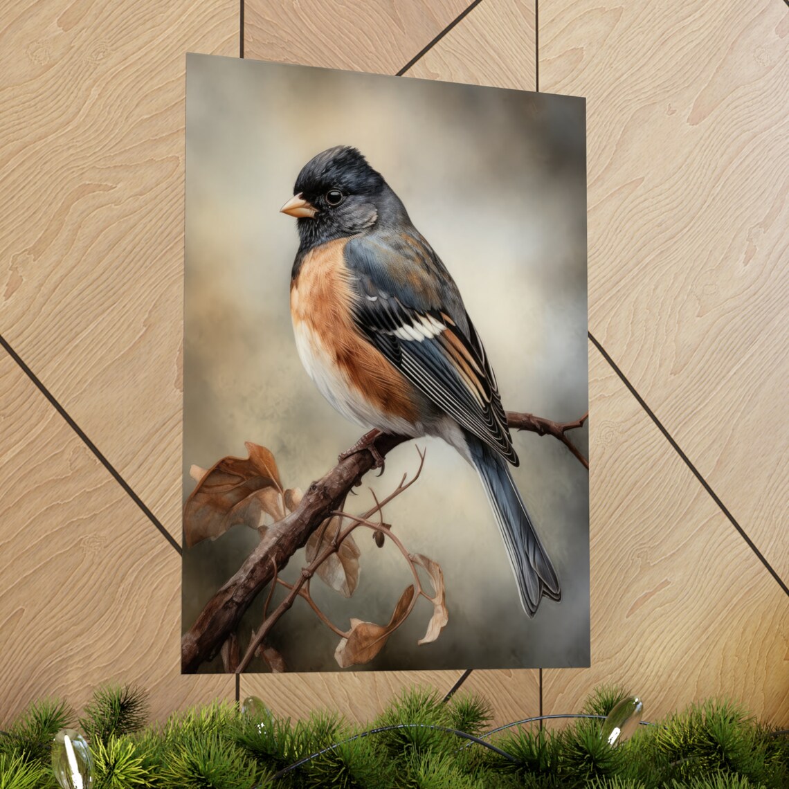 Dark Eyed Junco Bird Perched Twig Watercolor Wildlife Fine Art Poster - Image 2