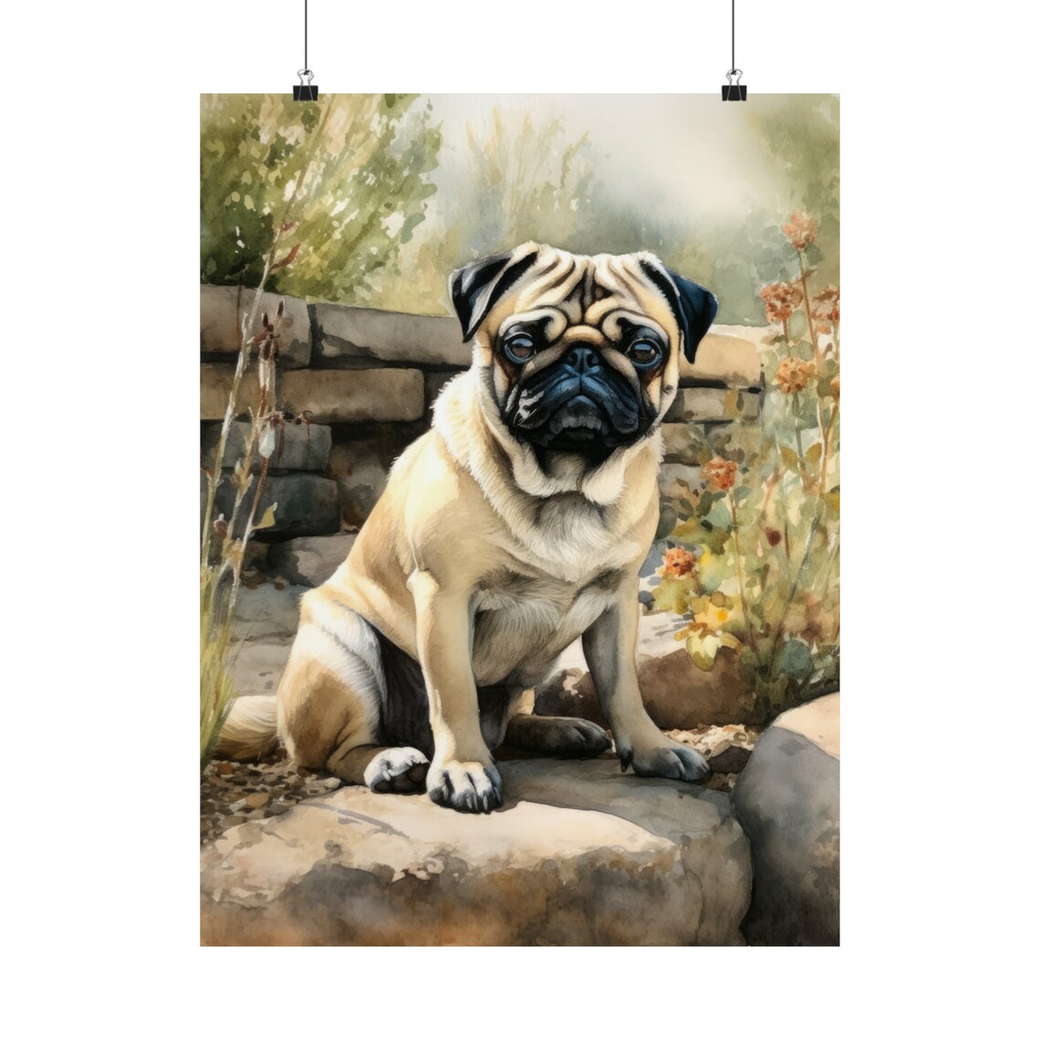 Pug Dog Fawn Watercolor Portrait Garden Stone Wall Scene Poster - Image 5
