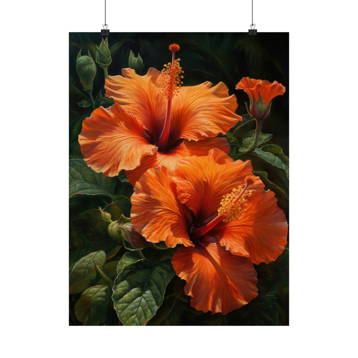 Orange Hibiscus Blooms Dark Tropical Floral Botanical Art Print - Image 5