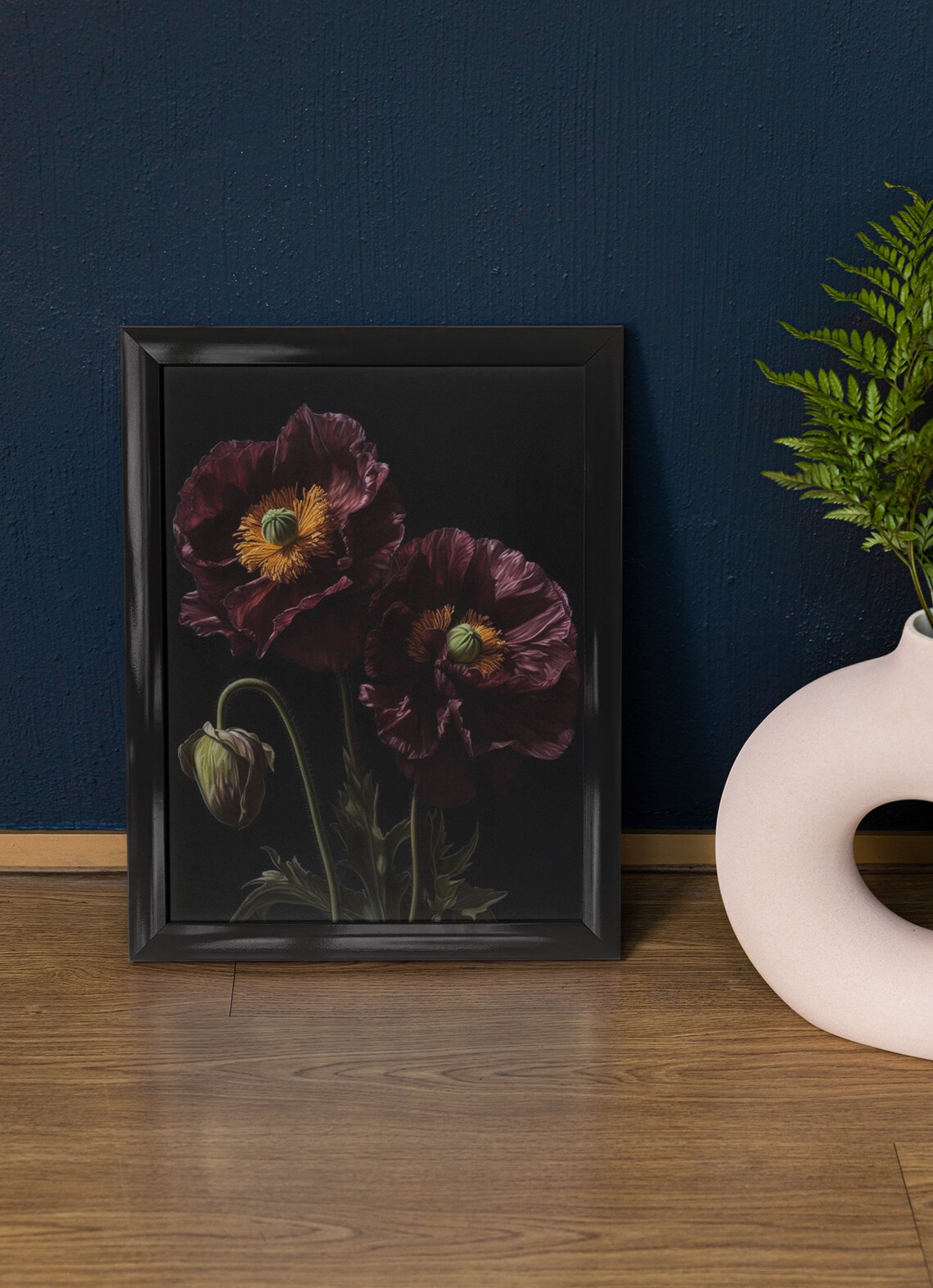 Burgundy Poppy Flower Painting, Botanical Print