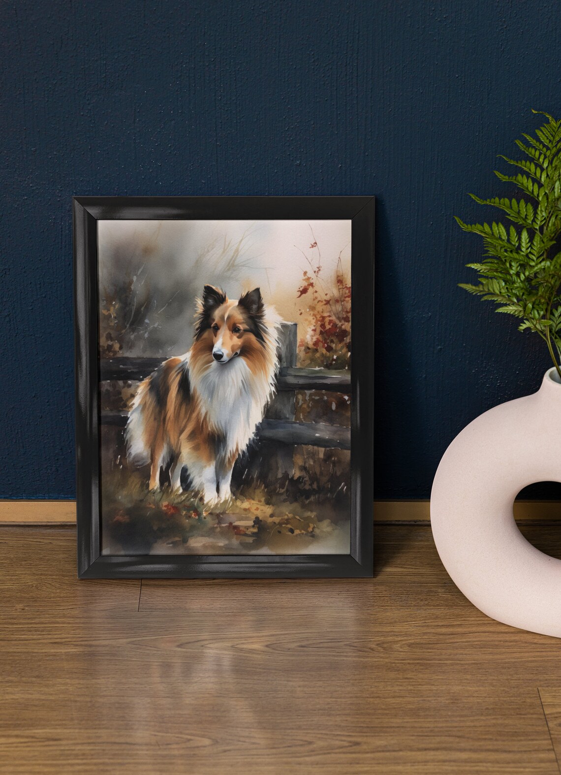 Shetland Sheepdog Dog Watercolor Portrait Autumn Fence Scene Poster