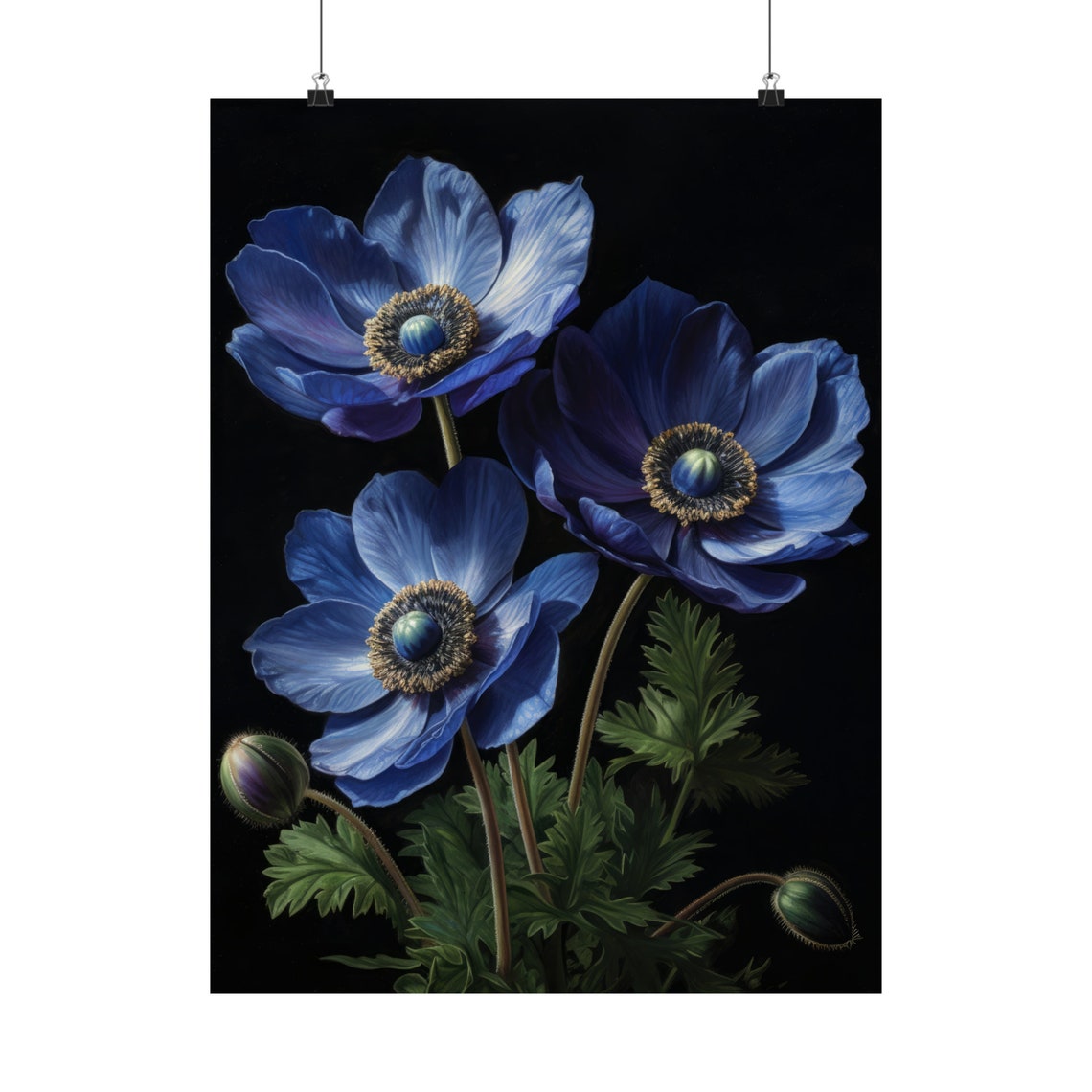 Blue Anemone Flowers Dark Background Moody Botanical Art Poster - Image 5