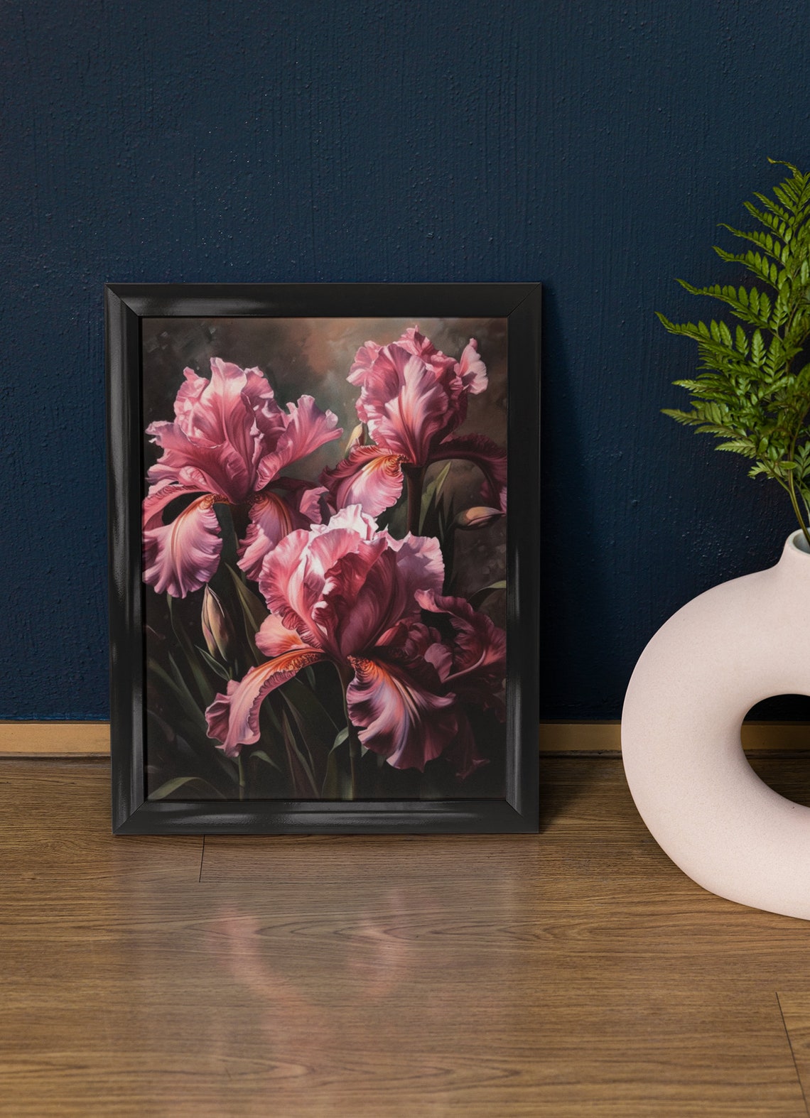 Dusty Rose Iris Blooms Moody Dark Floral Botanical Wall Art Print