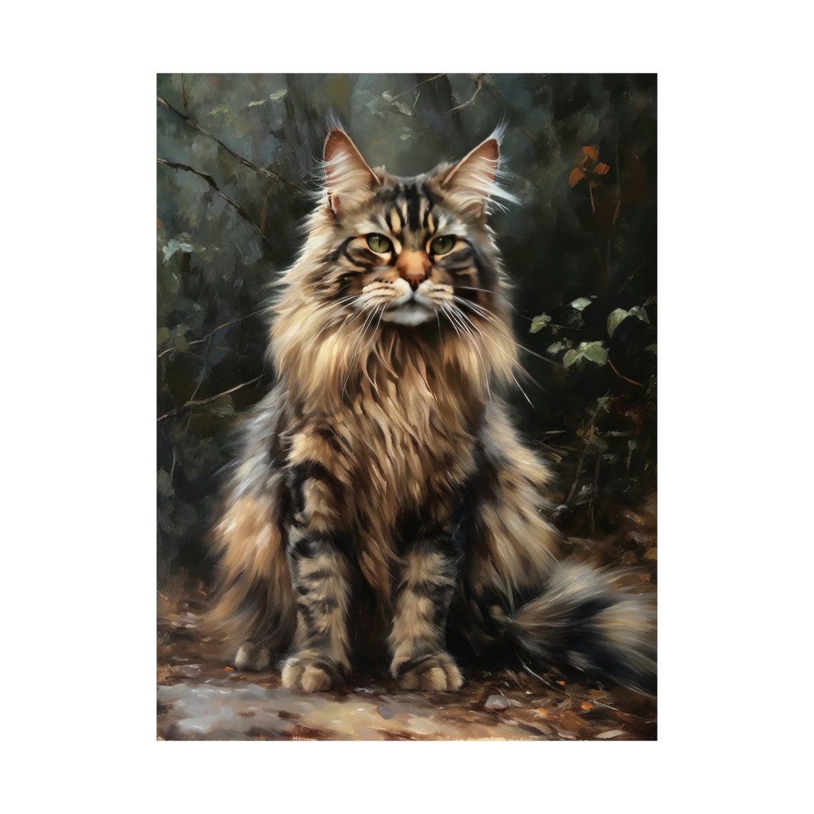 Maine Coon Cat Long Haired Tabby Portrait Painting Art Print - Image 4