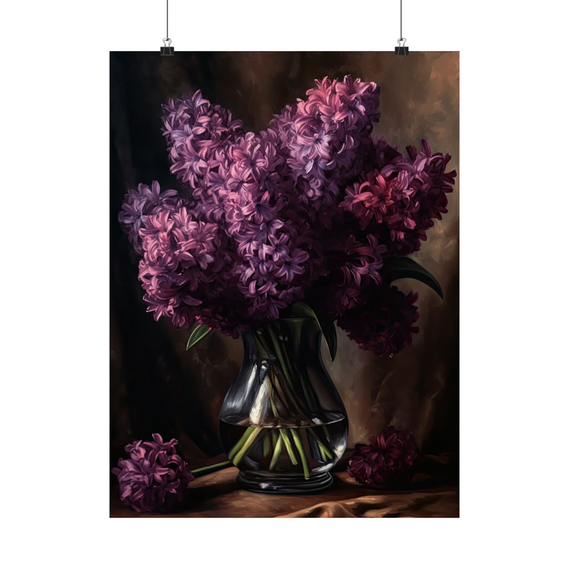 Purple Hyacinth Bouquet Dark Vase Moody Still Life Flower Art Poster - Image 5