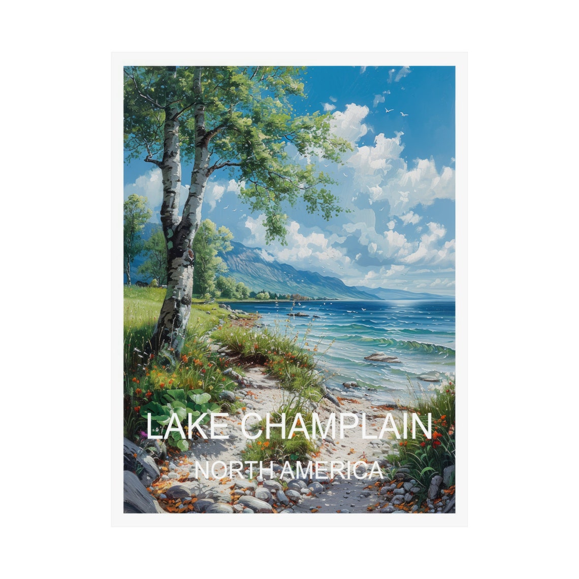 Lake Champlain Birch Trees Lakeside Mountain View Travel Poster - Image 3