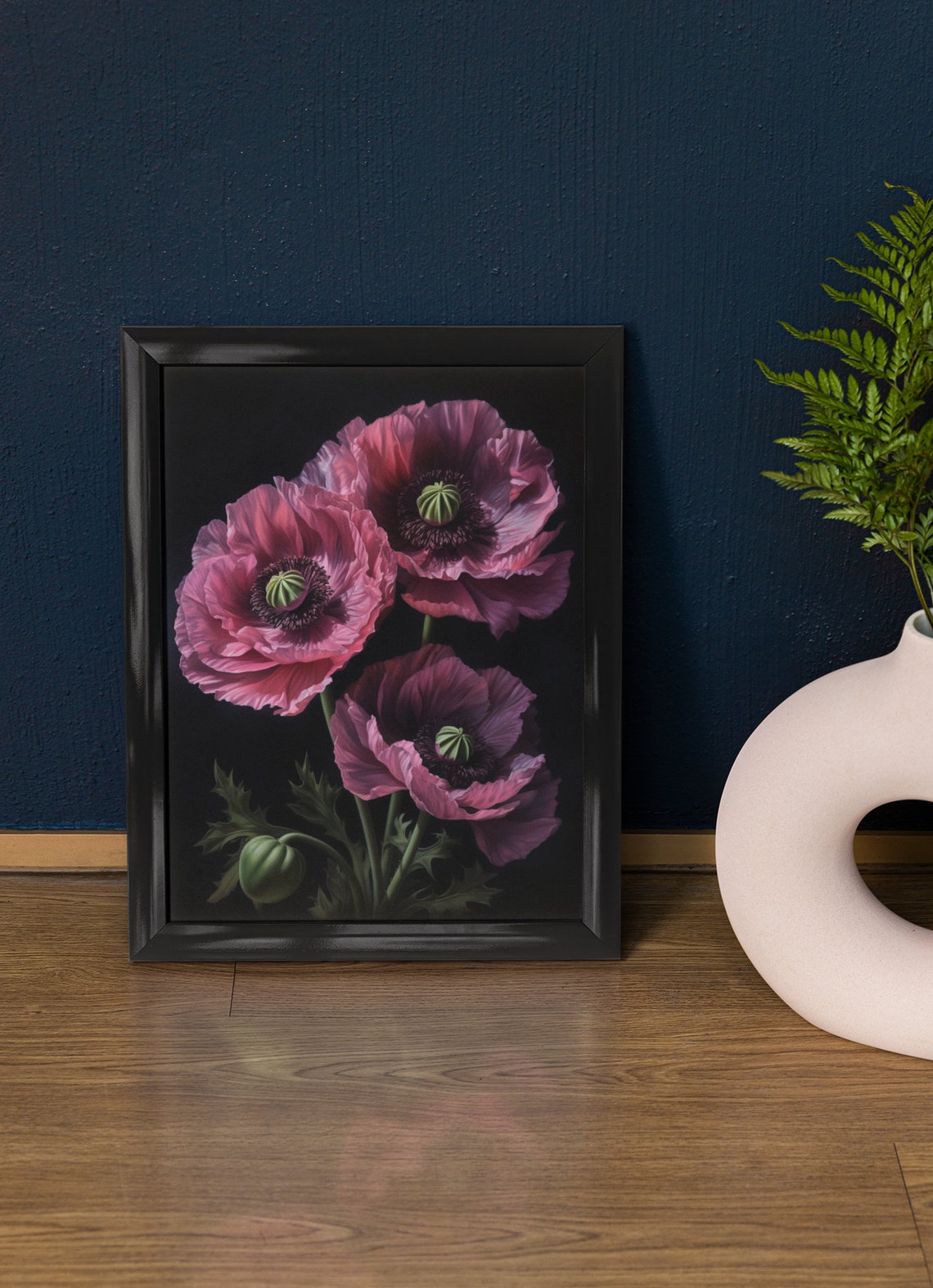 Oriental Poppy Pink Magenta Trio Dark Dramatic Floral Painting Poster