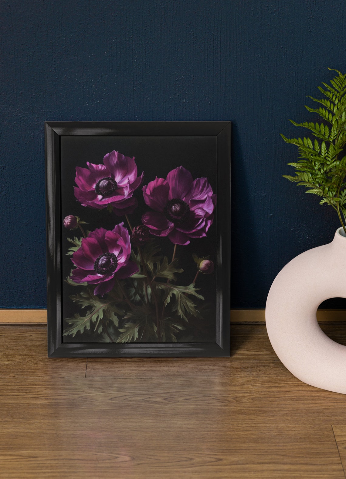 Magenta Anemone Trio Buds Dark Moody Botanical Floral Art Wall Print