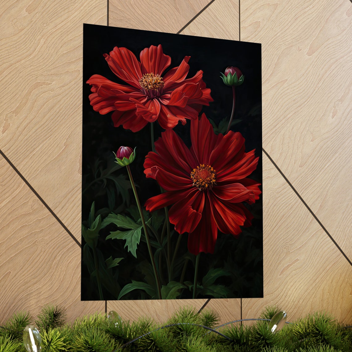 Red Cosmos Blooms Dark Moody Botanical Floral Fine Art Poster - Image 2