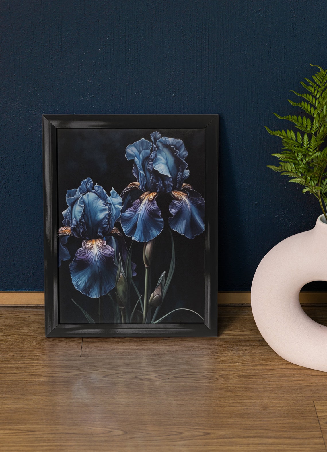 Navy Blue Iris Blooms Copper Beards Dark Botanical Art Print