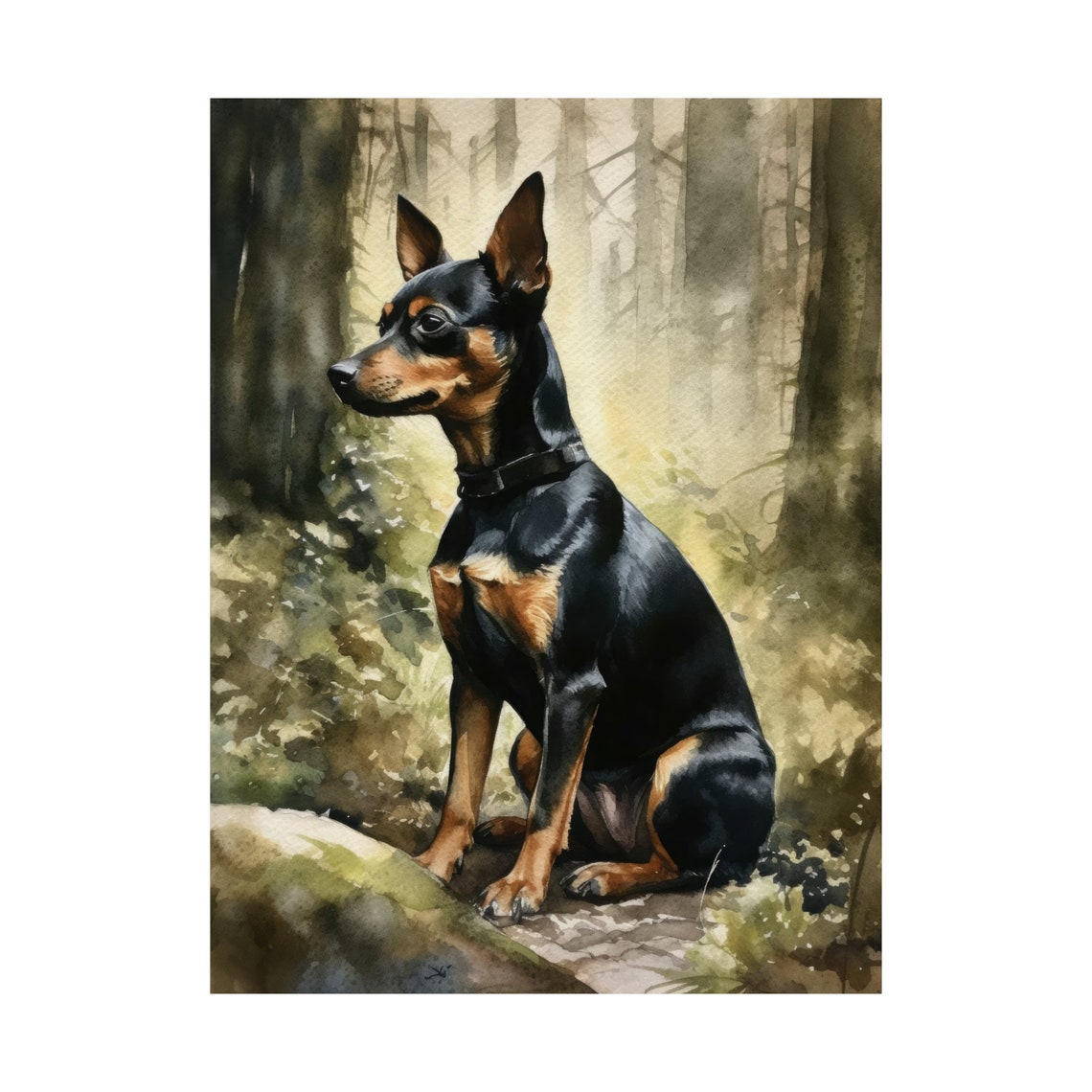 Miniature Pinscher Black Tan Sitting In Forest Watercolor Dog Poster - Image 4