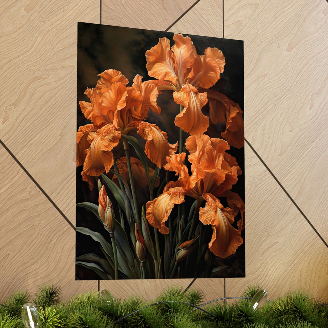Vibrant Orange Iris Bloom Cluster Dark Moody Floral Wall Art Print - Image 2