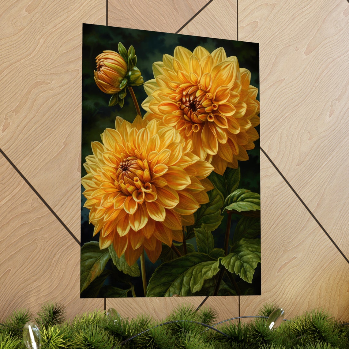 Honey Yellow Dahlia Blooms Dark Green Leaf Botanical Art Print - Image 2